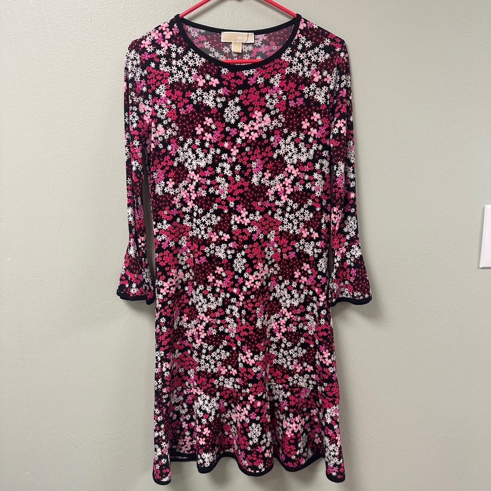 Michael Kors Pink Floral Bell Sleeve Mini Dress Small Daisy Print Crew Neck